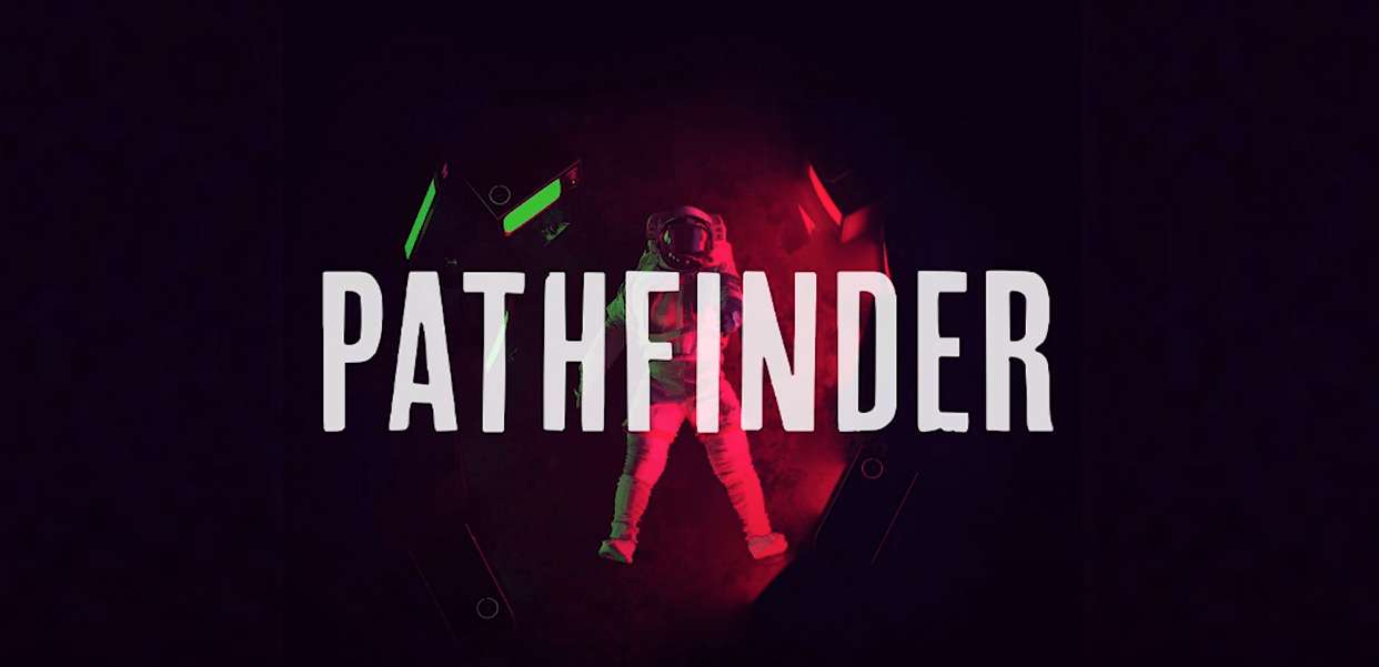 a person standing in front of a dark background with the words pathfinder