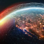 the earth is covered in networked lines and dots