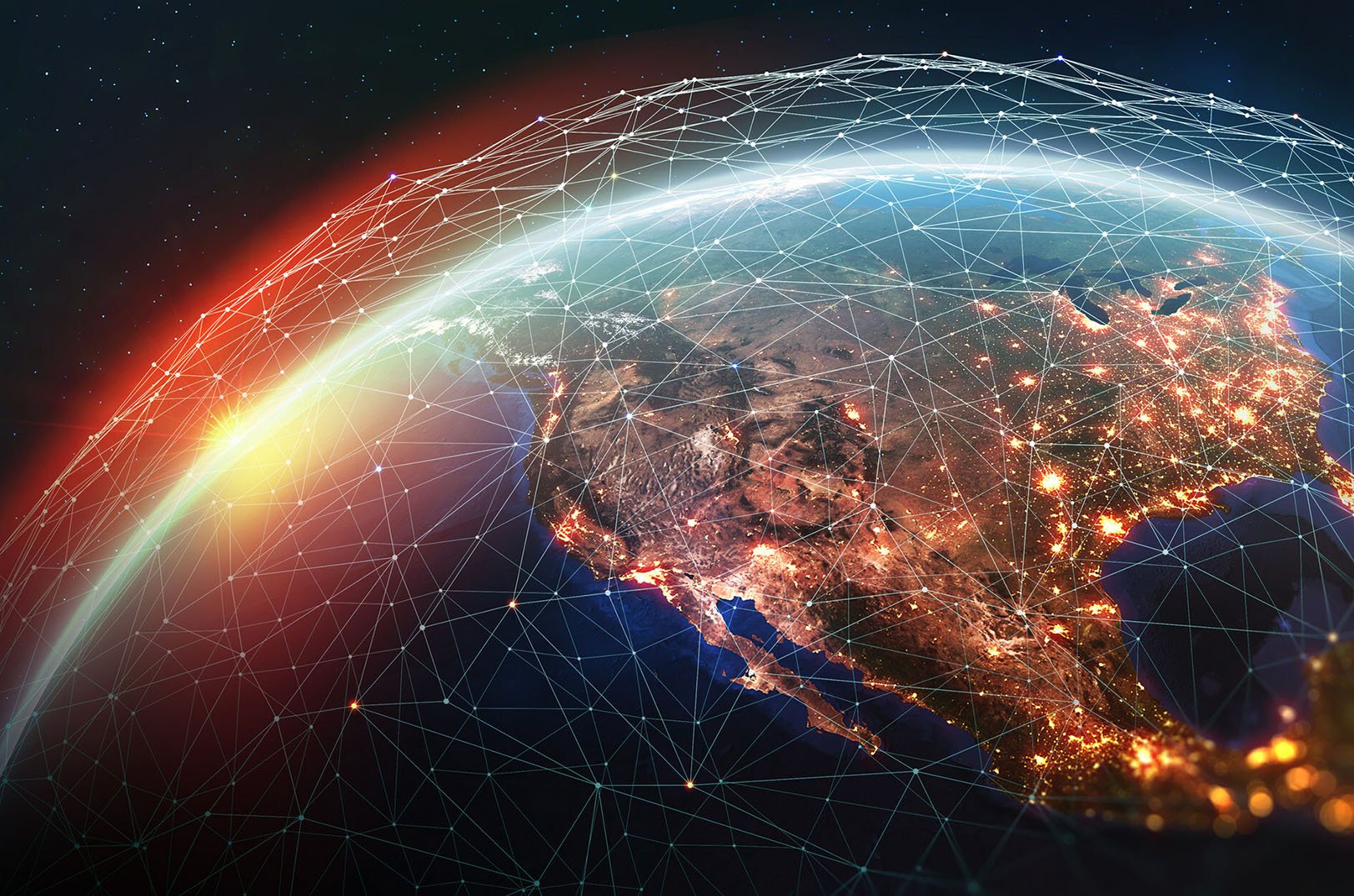 the earth is covered in networked lines and dots