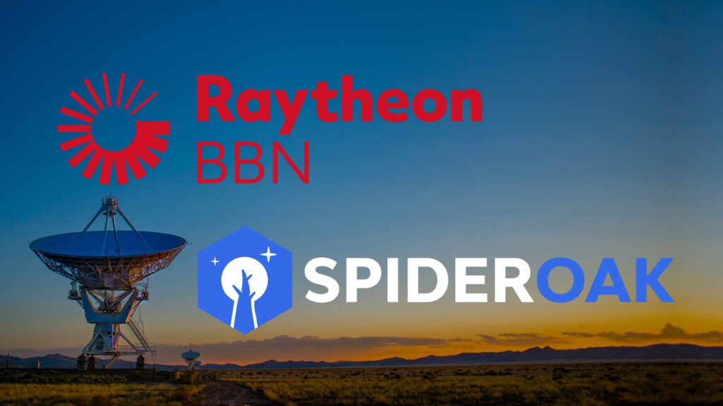 a radio dish with the words raytheon bbn and spider oak