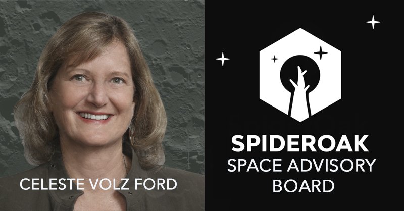 a woman smiling with the words spideroak space advisory board